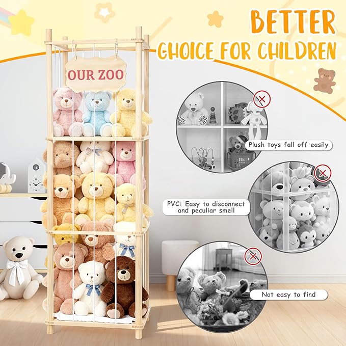 Stuffed Animal Storage & Organizer, Wooden Large Capacity Stuffed Animal Zoo with Elastic Cords, Sturdy Space-Saving Plushie Toy Shelf Cage Tower for Nursery Playroom Bedroom 54 in, Easy to Install