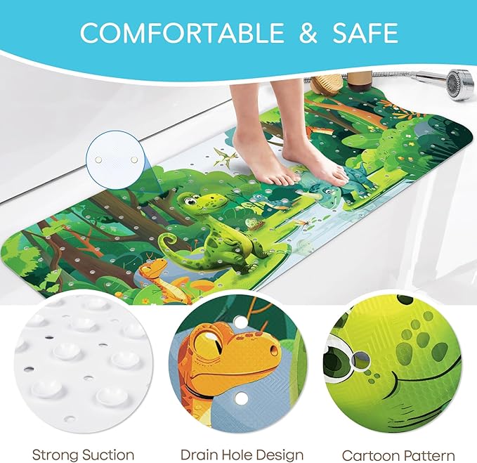 SHUCHING Baby Dinosaur Bath Mat for Tub Non Slip-40 X 16 Inch, Bathtub Mat Non Slip for Boys Kids, Toddler Long Shower Mat for Bathroom