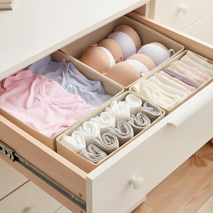 4-Pack Drawer Organizer Set - Foldable Fabric Storage Bins with Zipper Bottom for Underwear, Socks, Bras & Baby Clothes - 11"x11"x4.8" Large & 11"x5.5"x4.8" Small Bins, Grey
