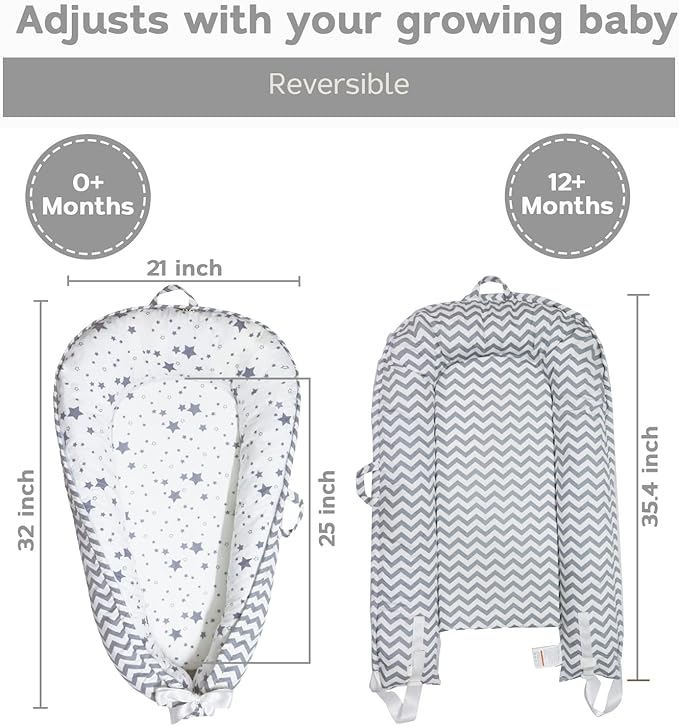 Aila+Aiden Baby Lounger | Organic Cotton Infant Lounger | Reversible, Adjustable & Portable Floor Lounger |Supervised Use | Soft, Breathable, Washable Cover - Star Collection (Gray)