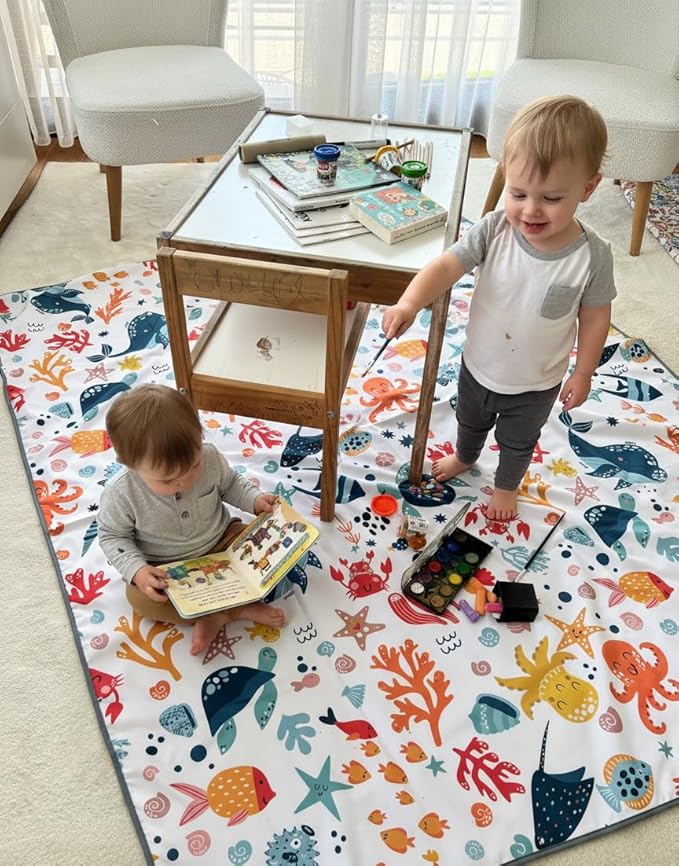 Waterproof High Chair Splat Mat – Machine Washable Floor & Table Protector for Baby Feeding, Art & Crafts, Outdoor Use (Ocean, 57x39 Inch)