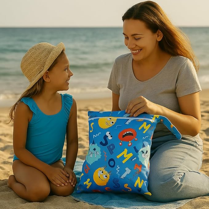 FANALALA Waterproof Wet Dry Bag, Reusable Diaper Pouch with Zipper, Machine Washable Travel Organizer for Beach, Daycare, Kids, Dinosaur Pattern (Blue Monster)