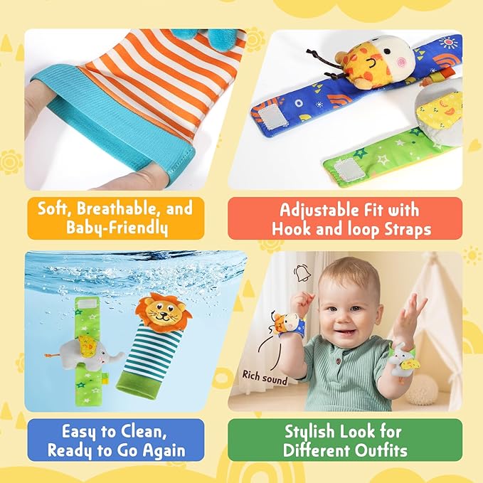 URMYWO Wrist Rattles for Baby - Rattle Socks - Foot Finder Set - Baby Toys for 0-12 Months Infant - Newborn Essentials - Early Learning Sensery Toys for Boys and Girls as Shower Gifts Stocking Stuffer