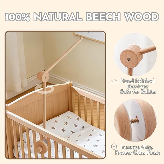 Natural Wooden Crib Mobile Arm – Foldable & Adjustable Baby Mobile Holder, Smooth Beech Wood Mobile Hanger with 360° Rotation, Easy Attachment for Nursery Decor & Newborn Cribs