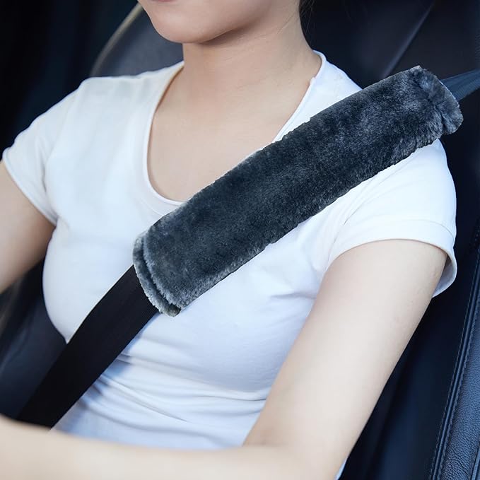 MOONET 2 Packs Car Seatbelt Covers Shoulder Pad for More Comfortable Driving, Universal Seat Belt Cover for Handbag Camera Backpack Straps, Soft Faux Sheepskin Wool Seat Belt Cushion (Dark Blue Grey)