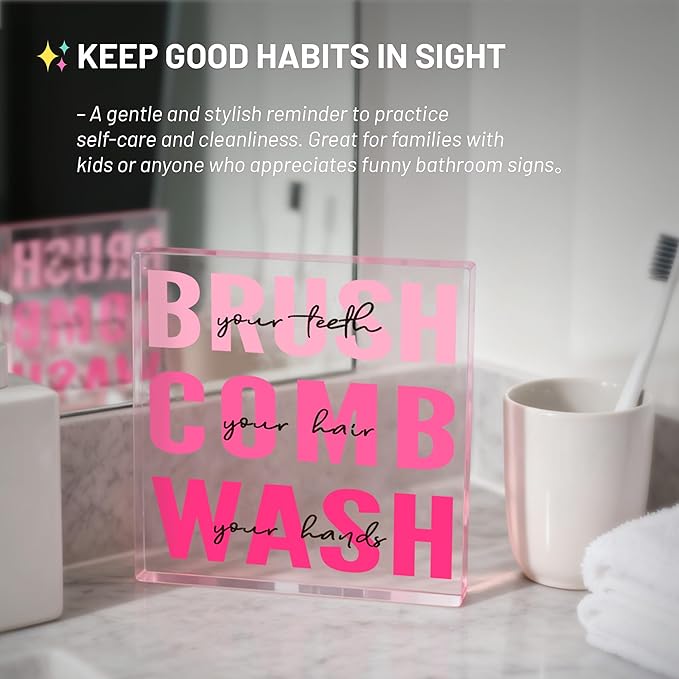 Pink Bathroom Decor, Acrylic Kids Bathroom Decoration Sign, Modern Restroom Decor, Cute Bath Rules Art, Self-care Gifts, Pink Aesthetic Vanity Sign for Girls, Women, Dorm Room