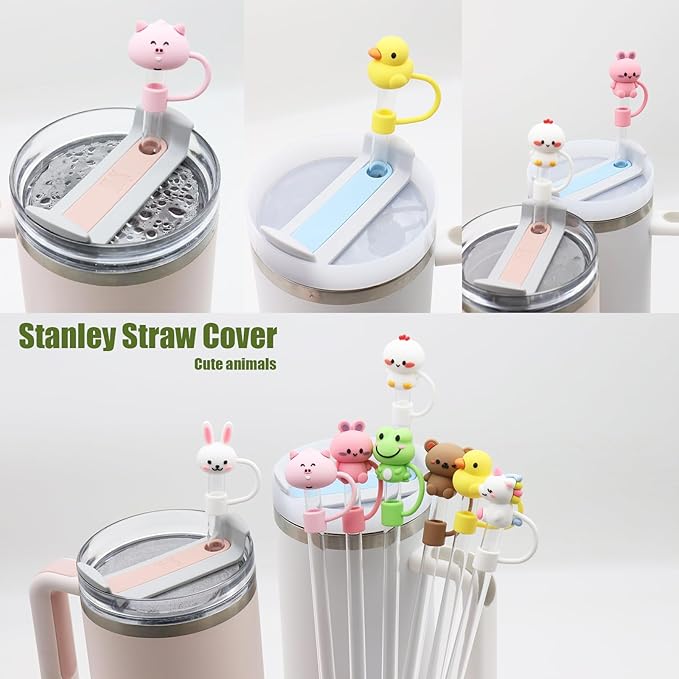 RENUIS 8Pcs Cute 10mm Animal Straw Covers Cap for Stanley Cup,Silicone Straw Toppers Compatible with Stanley 30&40 Oz Tumblers with Handle, Dust-Proof Reusable Lids Tumbler Cup Accessories