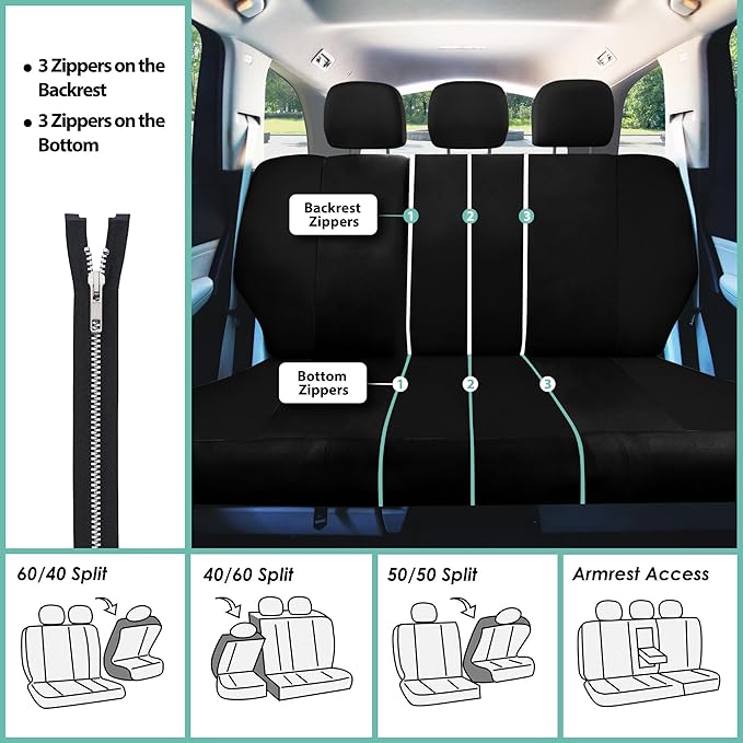FH Group Full Set Cloth Car Seat Covers, Universal Fit Front and Split Bench Rear, Airbag Compatible, Washable for SUV, Sedan, Van - Black