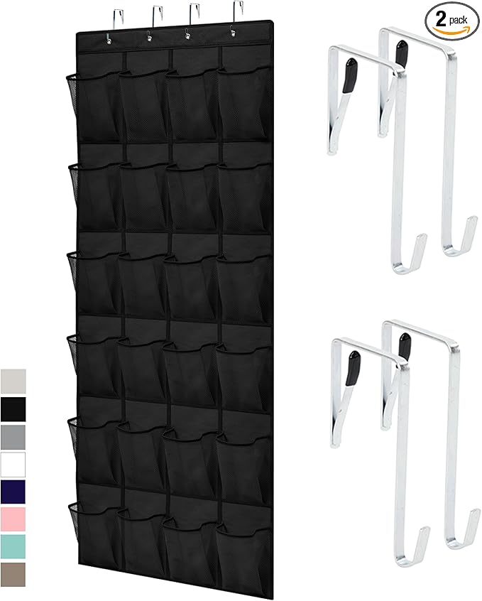 GORILLA GRIP Over the Door Shoe Organizer, 2 Pack, 24 Breathable Mesh Pockets, Space Saving Hanging Storage Holder, Closet Rack Hanger Holds Up to 40 lbs, Hangs on Closets, Shoes, Accessories, Black