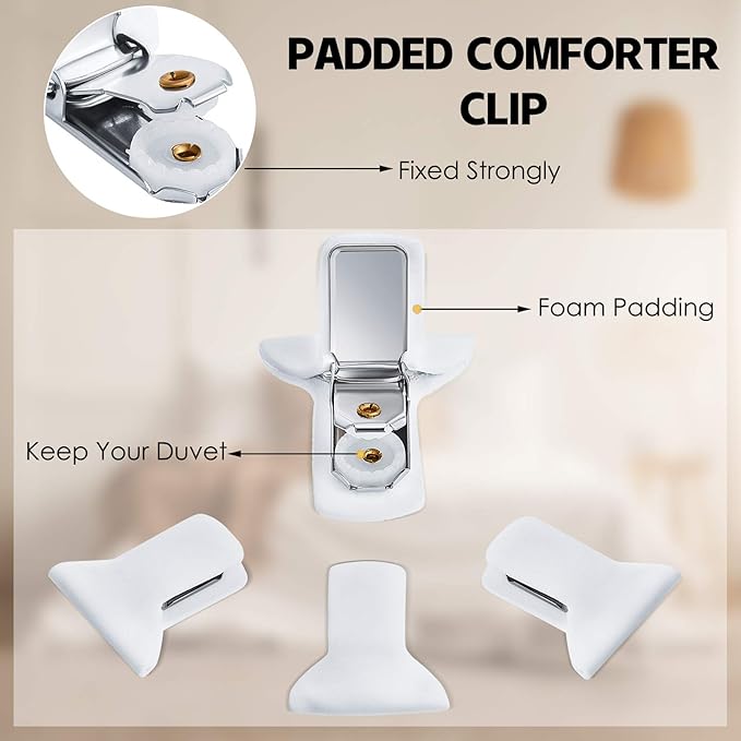 Patelai 12 Pieces Padded Comforter Clips White Duvet Clips Padded Blanket Fasteners to Secure Bedding for Preventing Comforters From Shifting Inside Duvet Cover Sweet Sleeping
