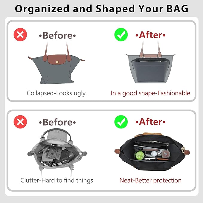 Premium Felt Purse Organizer Insert Compatible with Longchamp Le Pliage Large and More, Zipper Long Champ Bag Organizer Insert with Cup Holder, 8 Compartments (Light Gray,L)