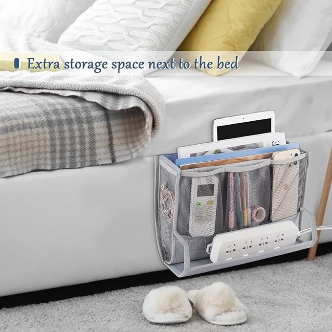 Retyion Bedside Storage Organizer with Power Strip Holder and Adjustable Straps Bed Hanging Bag for Home Bunk Bed Dorm Sofa (Light Gray)