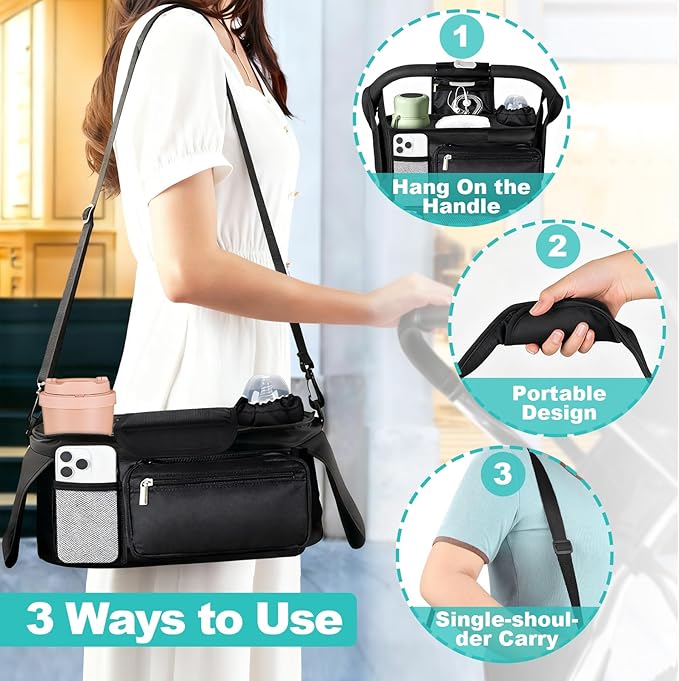 eutopic Universal Stroller Organizer with Insulated Cup Holder Detachable Phone Bag & Shoulder Strap, Bag Caddy Fits for Stroller like Uppababy, Baby Jogger, Britax, BOB, Umbrella & Pet Stroller