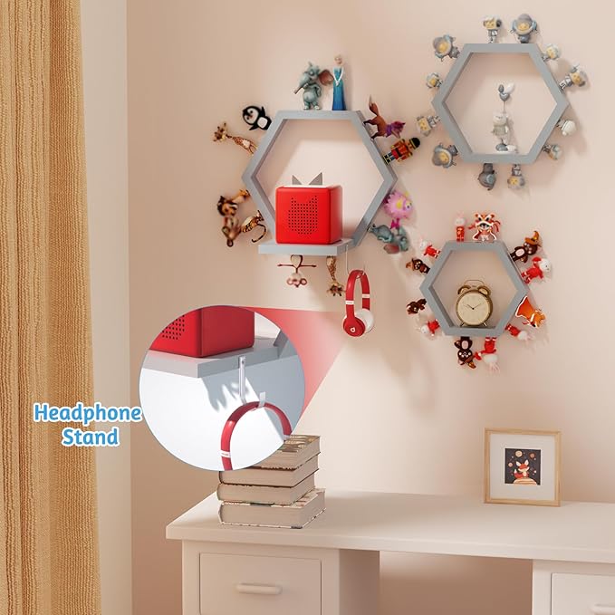 Hexagon Tonies Shelf Magnetic - Tonies Storage Shelf Set of 3 for Kid Room, Wooden Magnetic Display Shelf for TonieBox Holder, Wall Floating Shelves Toy Storage Compatible with Tony Accessories(Grey)