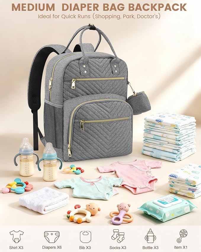 Pritent Diaper Bag Backpack,Baby Essentials Diapers Bag with Pacifier Case,Multipurpose Stylish Large Capacity Travel Backpack for Baby Girl/Boy(M-Gray)