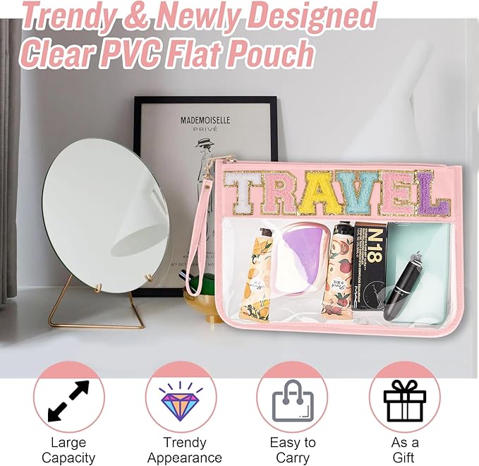 Chenille Letter Clear Travel Bags Purse Pouch, Monogram PVC & PU Clear Zipper Pouch with Wristlet, Waterproof Portable Glitter Snacks Makeup Beach Pouch Toiletry Bag for Women Girls (TRAVEL-Beige)