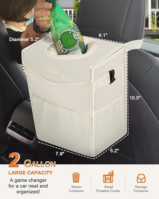 Car Trash Can with Lid, Cute Leakproof Car Trash Garbage Bag Hanging Vehicle Trash Bin Small Portable Automotive Garbage Cans Organizer for Back/Front Seat(Trapezoid,Ivory