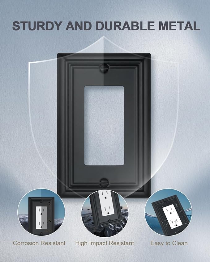 4-Pack Decorator Outlet Covers, Decorative Black Wall Plates, Metal Outlet Cover Plates for Receptacle, GFCI, Dimmer Switch, 3.15''*4.88'', Midsize
