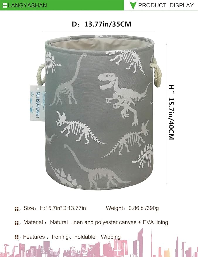 LANGYASHAN Laundry Basket Canvas Collapsible Organizer Storage Basket for Boys Girls Laundry Hamper Toy Bins Gift Baskets Bedroom Clothes Children Nursery (Gray Dinosaur skeleton)