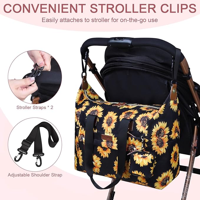 Pritent Diaper Bag Tote - Diaper Baby Bags with Pacifier Case, Shoulder Straps, Stroller Clips, Waterproof Large Mommy Maternity Travel Baby Bag for Mom and Dad, Sunflower, Medium