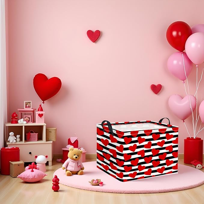 TIBAOLOVER Rectangular Valentines Basket for Women Girls Storage Bin Organizer Box Shelf Room Decor(Black Red Heart)