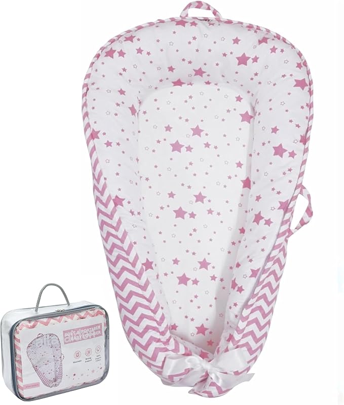 Aila+Aiden Baby Lounger | Organic Cotton Infant Lounger | Reversible, Adjustable & Portable Floor Lounger | Supervised Use | Soft, Breathable, Washable Cover - Star Collection (Pink)