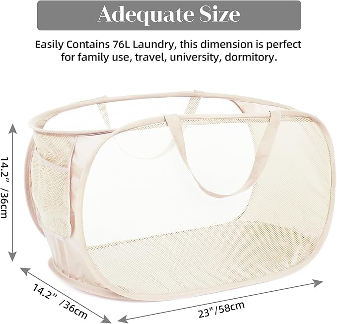 4 Pcs Durable Collapsible Laundry Baskets, Foldable Large Opening Pop Up Laundry Hamper with Pocket, Clothes Hamper with Handles for Laundry, Bathroom, Kids Room, Dorm or Travel Beige