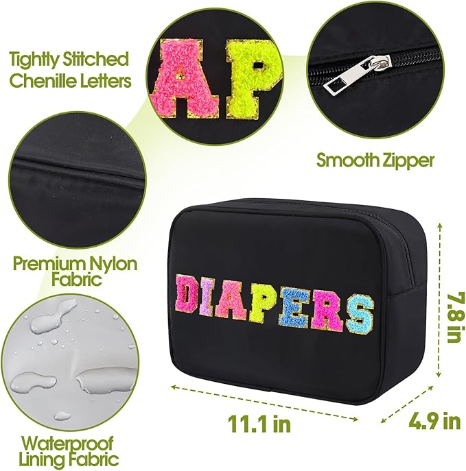 Portable Small Diaper Bag, Chenille Letter Diaper Caddy Organizer Pouch Newborn Baby Essentials Must Haves for Nursery Changing Table, Black Waterproof Diaper Pail Baby Shower Gifts for Mom To Be
