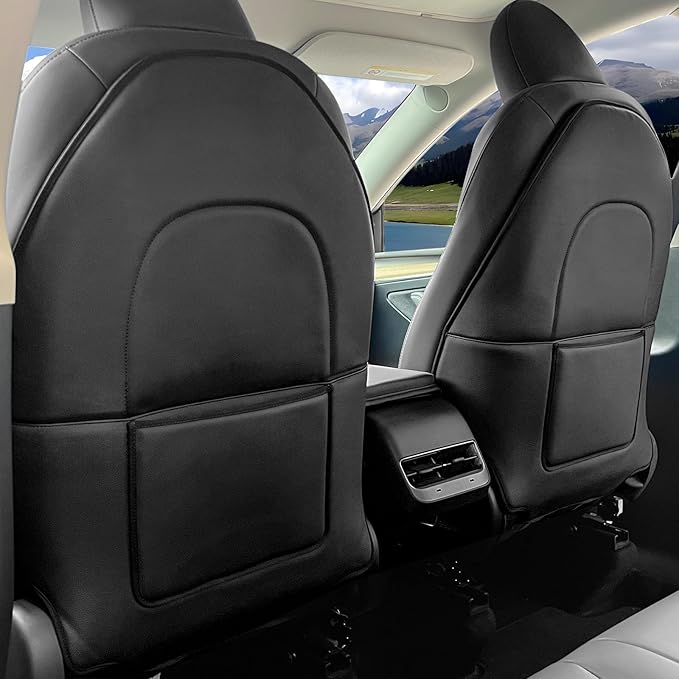 INFIVITA Automotive Seat Back Protector for Tesla Model 3/Y (2017-2025) - Waterproof Leather Kick Mat with Storage Pocket