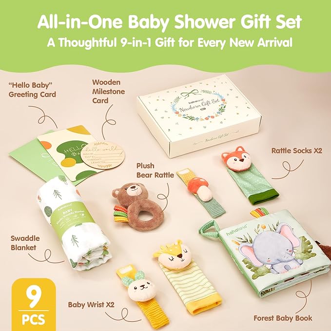 hahaland Baby Newborn Shower Gifts for Boys & Girls with Swaddle Blanket, Rattle Socks and Wristband Set, Plush Rattle, Soft Baby Crinckle Book, Wooden Milestone Card, 0 3 6 12 Months Baby Sensory Toy