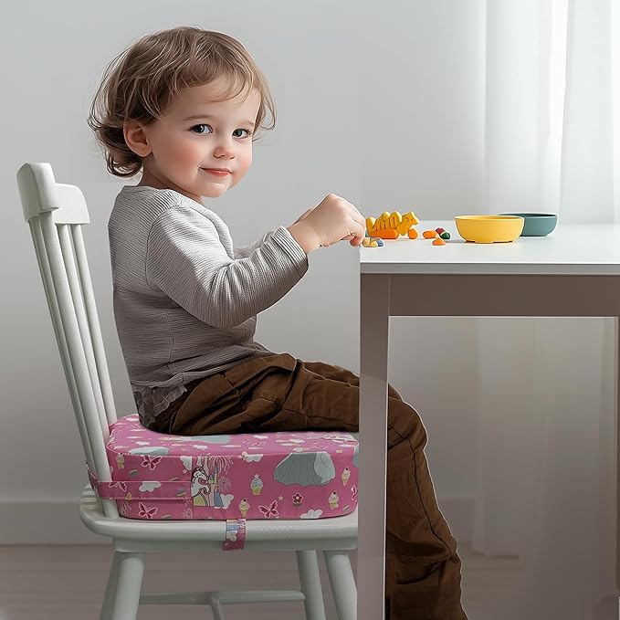 Toddler Booster Seat for Dining Table, Waterproof Kids Booster Seat for Kitchen Chair, High Density Foam Cushion with Non-Slip Bottom, Washable Cover & Adjustable Straps (Pink Castle)