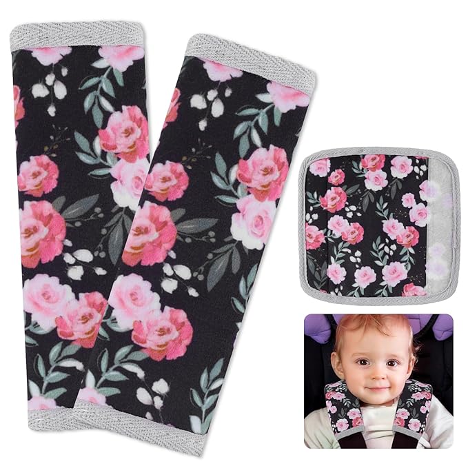 Seat Belt Cover Pad for Baby, Soft Seatbelt Cushion Covers for Kids 2Pcs Car Seat Strap Shoulder Pads for All Car Seats, Stroller, High Chair,Black Flower