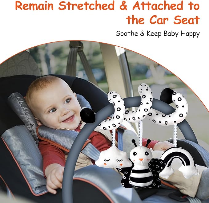 SAMMAS Car Seat Toys, Infant Baby Spiral Activity Hanging Toys Stroller Toys for Car Seat Stroller Bar Crib Bassinet Mobile with BB Squeaker and Rattles (Bee)