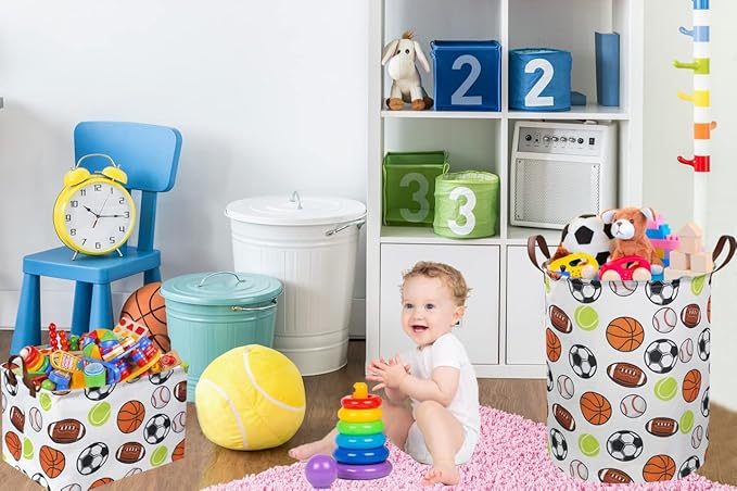 Sanjiaofen Rectangular Basketball Baskets,Football Basket Organizer.Baseball Basket with Handles.Basketball Bins,Clothers,Books,Kid's Gifts Storage. (Ball)