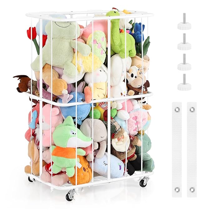 Stuffed Animal Storage Plush Toy Organizer Rolling Stuffed Animal Holder with Wheels Large Stuffed Animal Storage Zoo, Elastic Band for Playroom Bedroom Nursery, Large Capacity, White