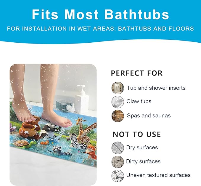 XIYUNTE Baby Bath Mat for Tub Non Slip Kids, BPA Free Extra Long Bathtub Mat 40x16 with Drain Holes and 200 Suction Cups, Non Toxic Machine Washable Toddler Bath Mat, Eco-Friendly Certified