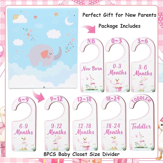 Baby Closet Dividers 8PCS, Pink Goose Themed Wooden Double-Sided Clothes Size Hanger Organizer from Newborn to Toddler for Nursery Decor Baby Shower Birthday Gift