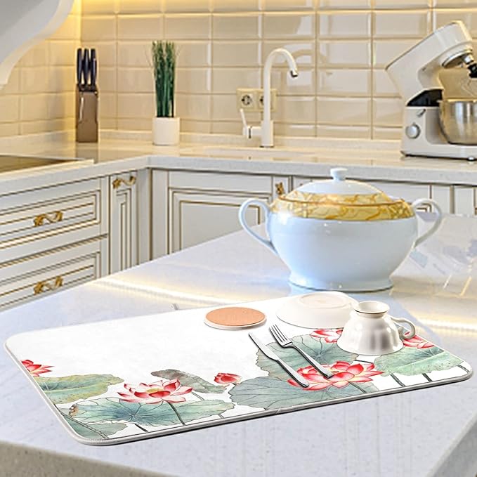 Absorbent Dish Drying Mat for Kitchen Counter - Watercolor Lotus Microfiber Drying Pad, Reversible Drainer Mats for Countertop, Large 18" x 24"