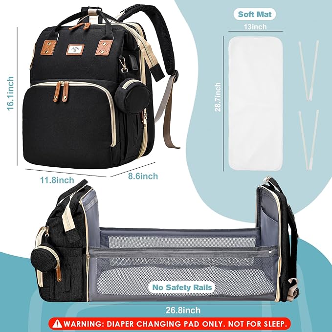 JSTPRO Diaper Bag Backpack, Large Waterproof Lightweight Diaper Bag with Changing Station, Insulated Pockets, USB Port, Travel Bag for Mom and Dad (Black)