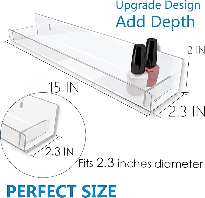 RORKIM 8 Pack 15 Inch Clear Acrylic Shelves, Clear Kids Floating Bookshelf for Kids Room, Modern Nail Polish Rack Sunglasses Essential Oil Picture Ledge Display Toy Storage Wall Shelf
