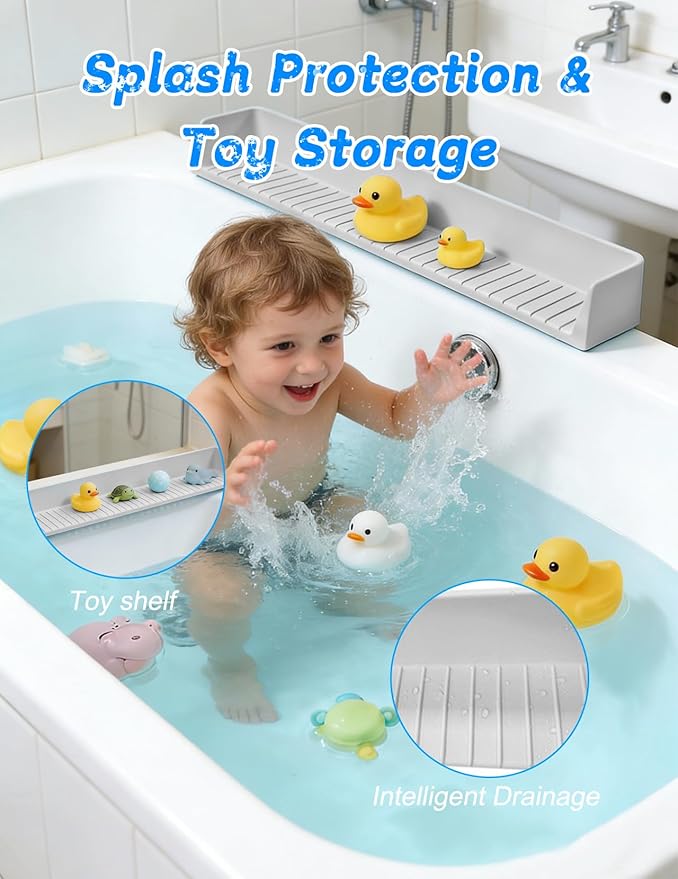 Splash Guard for Bathtub 31.5 Inch Silicone Tub Splash Guard with 11 Suction Cups Foldable Bath Toy Holder & Play Shelf Prevents Water Spills for Standard Tubs (Light Gray)