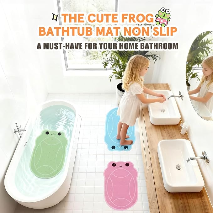 Bath Shower Mat for Toddlers, Green BPA-Free Cartoon Frog Bathtub Mat Non Slip, Soft Rubber Bath Mat for Tub, Shower Bath Mats with Suction Cups & Drain Holes for Inside Shower and Bathroom