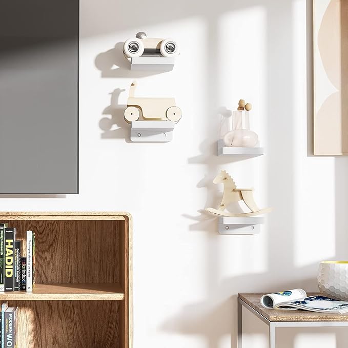 SRIWATANA Small Floating Shelves Wall Mounted, Wood Shelf for Decoration and Storage Set of 4, Mini Display Shelf for Bedroom, Bathroom, Kitchen, Office (White, 4 inch) (Pack of 2)