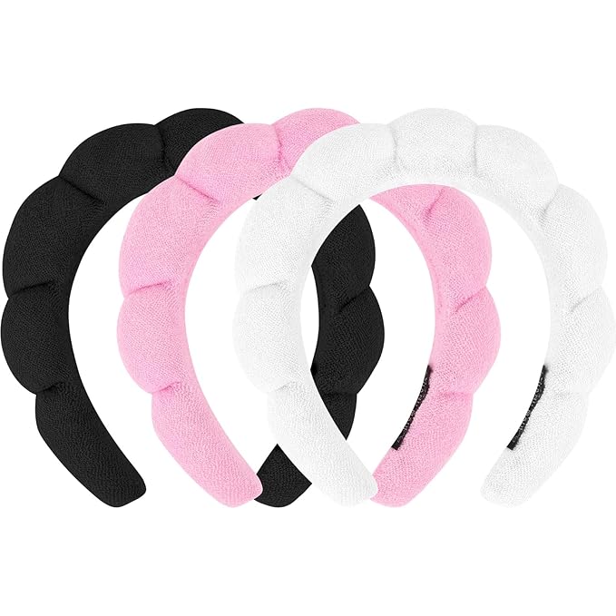 3 Pack Spa Headbands - Terry Cloth Puffy Hair Bands for Skincare, Makeup, and Face Washing