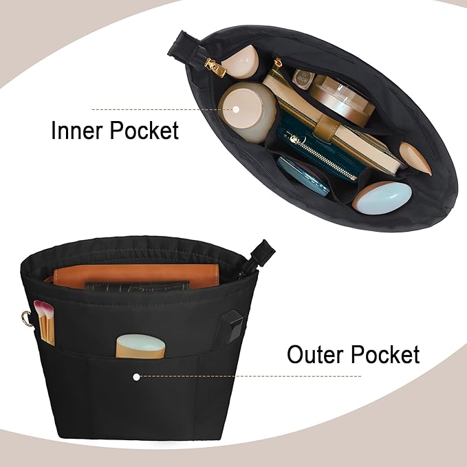 Vercord Purse Insert Organizers for Petite Tote Bag Organizer Insert Inside Handbag Shaper with Zipper Black