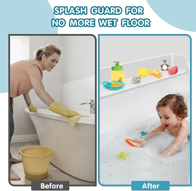 Splash Guard for Bathtub Kids, Silicone Water Bathtub Splash Guard, Bathtub Play Shelf for Kids, Tub Splash Guard Prevents Water Spills in Bathroom (2.6 FT, Grey