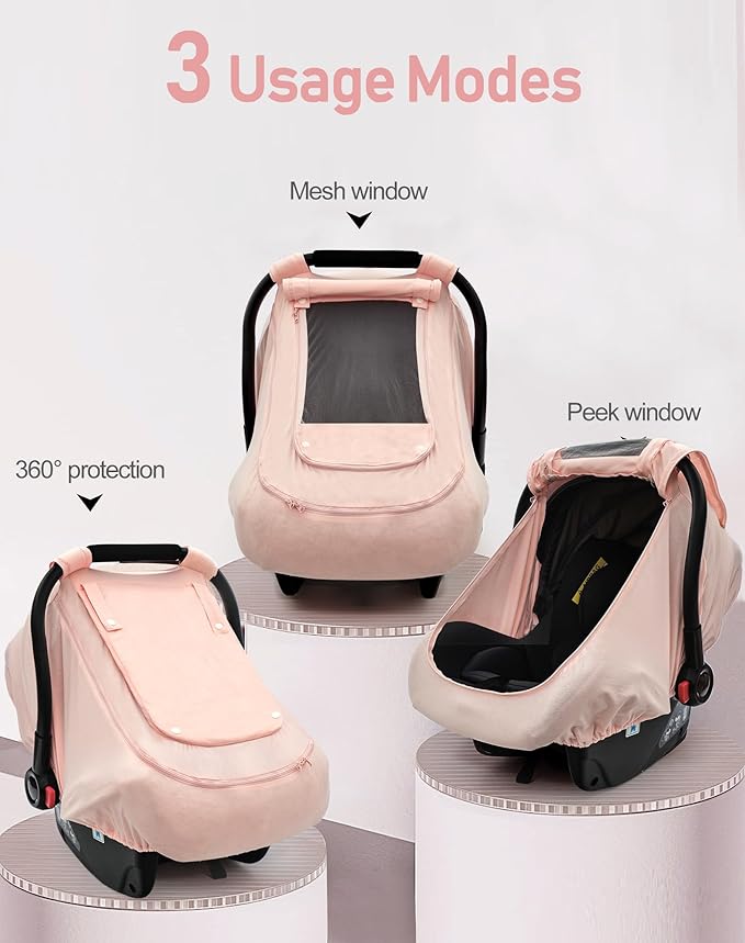 Baby Car Seat Cover for Summer/Spring,100% Organic Cotton Carseat Cover for Babies,Infant Car Seat Cover Canopy for Boys& Girls, Lightweight & Breathable (Pink)