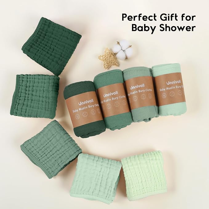 Muslin Burp Cloths for Baby 100% Cotton Burping Cloths for Boys Girls Large 20"X10" Extra Soft and Absorbent 5 Pack - Gradient Green