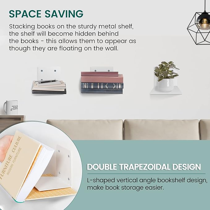 STORAGE MANIAC Floating Book Shelves for Wall Mounted Invisible Floating Bookshelves Heavy-Duty Steel Hidden Bookshelf Hanging Bookshelves for Bedroom Living Room Office, White 4-Pack Large