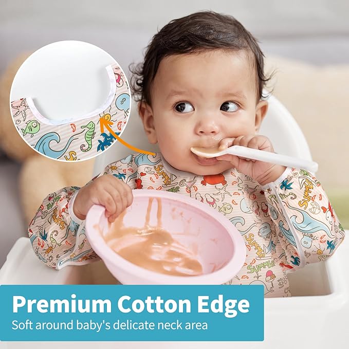 3 Pcs Long Sleeved Bib Set | Baby Waterproof Bibs with Pocket Bundle Toddler Bib with Sleeves and Crumb Catcher 6-24 Months